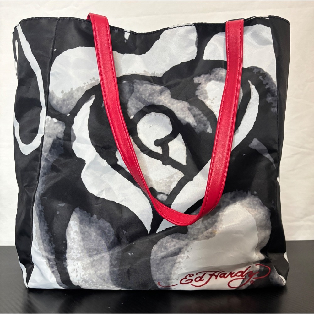 Ed Hardy Rose Graphic Nylon Tote Bag Black White Red Signature Logo Shoulder Bag